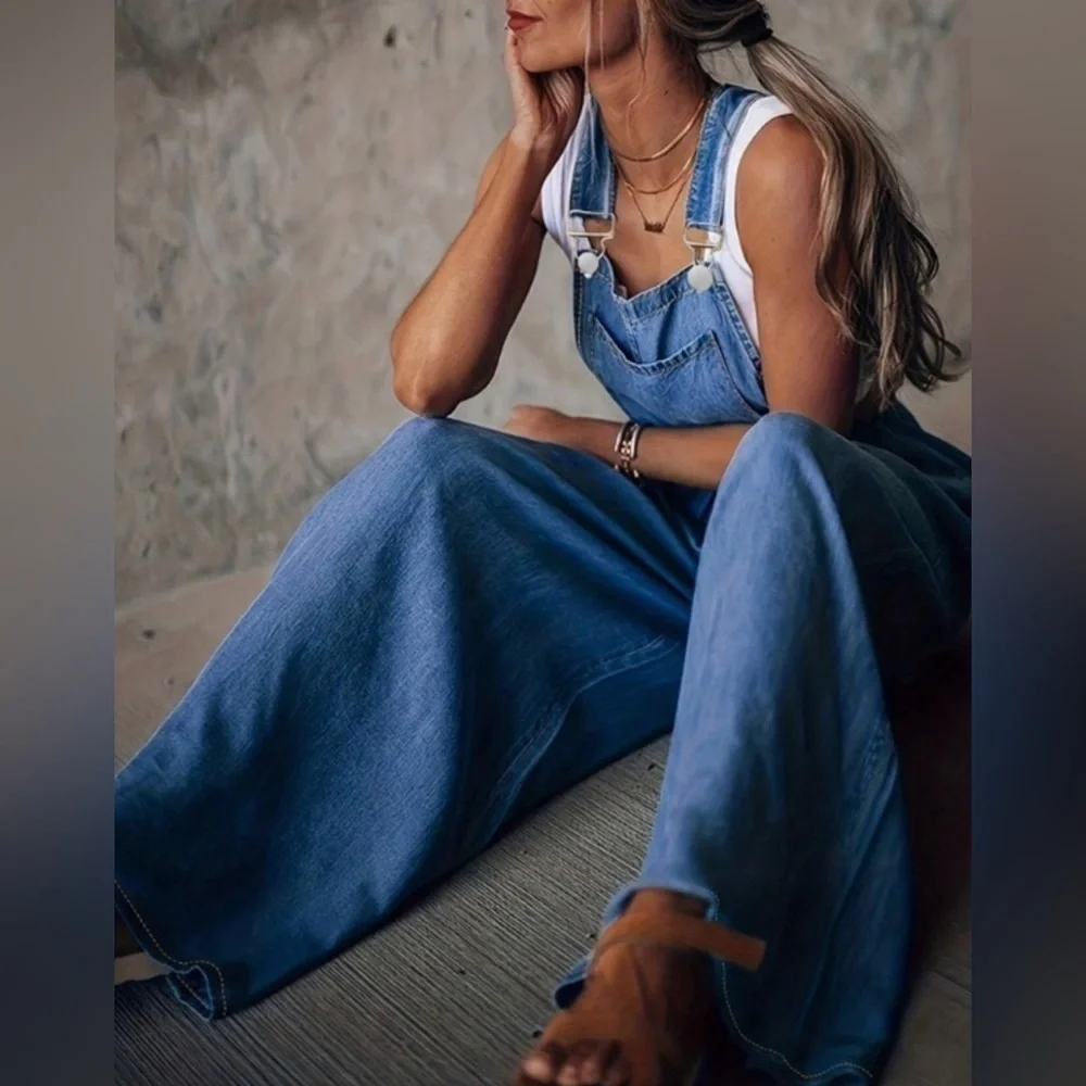 Boho Denim Wide Leg Chambray Overalls Jumpsuit Pockets Boho Summer Casual XXL